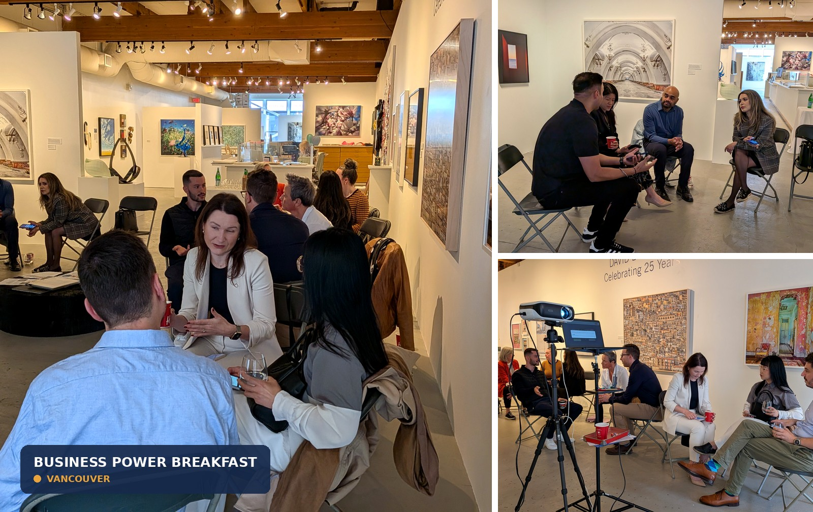 Business Power Breakfast attendees networking in a Vancouver gallery space